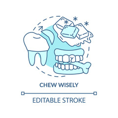 Chew wisely turquoise concept icon. Veneers maintenance abstract idea thin line illustration. Maintaining healthy teeth. Isolated outline drawing. Editable stroke. Arial, Myriad Pro-Bold fonts used