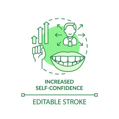 Increased self confidence green concept icon. Satisfaction with dental appearance abstract idea thin line illustration. Isolated outline drawing. Editable stroke. Arial, Myriad Pro-Bold fonts used