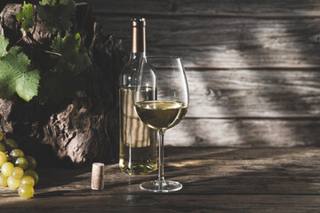 Elegant glass of wine and white wine bottle with grapes and shadows on dark wood background with copyspace.