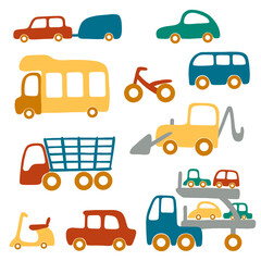 10 cartoon vehicles: passenger cars, trailer, camper, bus, transporter, truck, scooter, bike, bulldozer. Vector isolated children illustration for puzzle, print, kids room decor, stickers, cards.