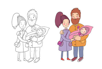 Cute cartoon family. Mom, dad and kids. Happy people.
 Illustration for coloring books. Monochrome and colored versions. 