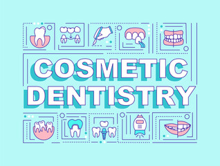 Fototapeta na wymiar Cosmetic dentistry word concepts mint banner. Improving smile. Facial aesthetics. Infographics with icons on color background. Isolated typography. Vector illustration with text. Arial-Black font used