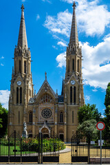 Fototapeta na wymiar Church of St. Elizabeth of Arpad in Budapest, Hungary. Catholic church with two clock towers.