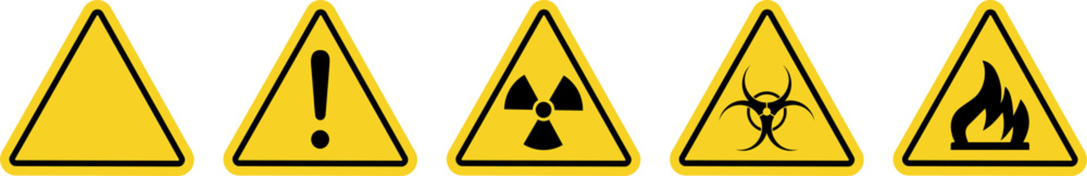 Triangular yellow warning sign set for print. General warning, radioactive substances, biological hazard, fire hazard.