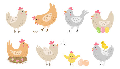 Chicken set in flat style. Different cute cartoon hens, chicken and eggs. Birds sing, peck grain etc. Farm animals theme. Vector illustration on white background. 