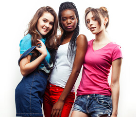 diverse multi nation girls group, teenage friends company cheerful having fun, happy smiling, cute posing isolated on white background, lifestyle people concept, african-american and caucasian