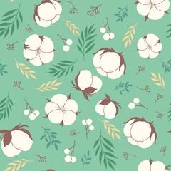 Seamless pattern with cotton, plant, leaves, green