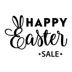 Happy Easter text lettering with bunny illustration isolated on white background.