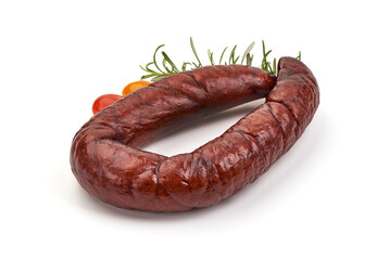 Smoked sausage circle, isolated on white background.