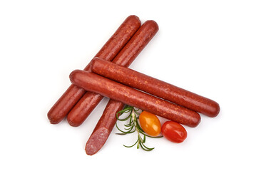 Smoked Hot dog sausages, isolated on white background. High resolution image.
