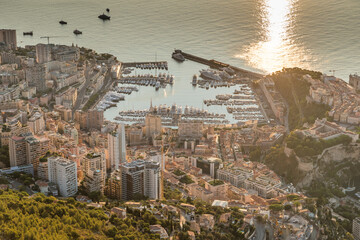 Aerial view of the Principality of Monaco at sunrise, Monte-Carlo, old town, view point in La...