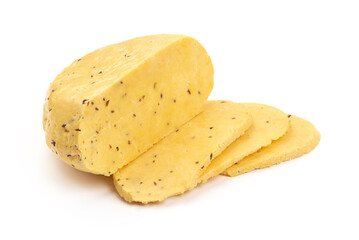 Caraway cheese, isolated on white background.