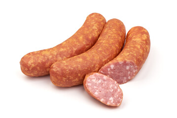 Semi-dry sausage. Isolated on white background. Close-up