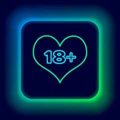 Glowing neon line 18 plus content heart icon isolated on black background. Adults content only icon. Colorful outline concept. Vector