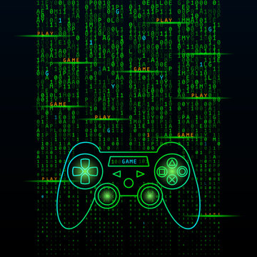 game joystick on the background of a stream of binary matrix code on the screen. computer matrix numbers.