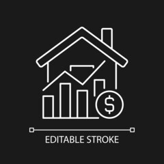 House market prices white linear icon for dark theme. Realty price increasing. Real estate purchasing. Thin line illustration. Isolated symbol for night mode. Editable stroke. Arial font used