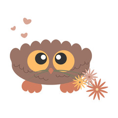 Little Cute Bird Owl with big eyes holding flower in his beak
