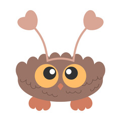 Little Cute Bird Owl with big eyes and head hoop with hearts