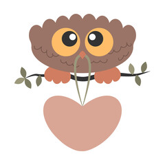 Little Cute Bird Owl with big eyes sitting on the branch and holding a big heart in his beak