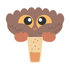 Little Cute Bird Owl with big eyes drinking soda lemonade