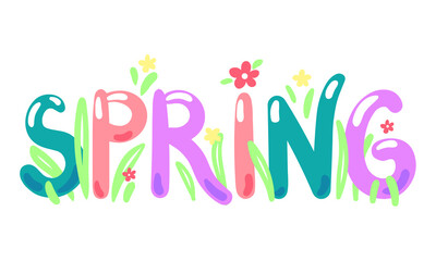 Spring hand drawn decorative lettering with cute flowers and grass. Decorative vector lettering for prints, greeting cards, design, posters 