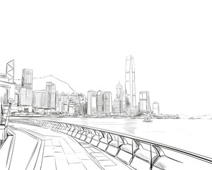 Hong Kong. China. Urban sketch. Hand drawn city, vector illustration
