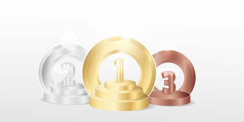 Gold, silver, bronze winner podium set. Realistic 3D award stage background. Champion 1, 2, 3 place pedestal mock up. Vector illustration