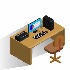 isometric computer desk Character Sitting at Desk in Room, Looking at Computer Screen and Talking with Colleagues Online. Home Office Concept. Flat Isometric Vector Illustration.