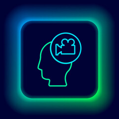 Glowing neon line Head with camera icon isolated on black background. Video camera. Movie sign. Film projector. Colorful outline concept. Vector