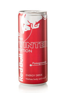 LONDON,UK - JANUARY 22, 2022: Winter Edition of Red Bull energy drink with pomegranate on white background