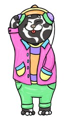 Bright and extraordinary personality. Funny black and white cat in a pink jacket and green pants listening to a music with headphones. Pop and funk culture. Happy teenager. Cartoon illustration.