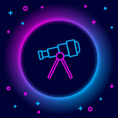 Glowing neon line Telescope icon isolated on black background. Scientific tool. Education and astronomy element, spyglass and study stars. Colorful outline concept. Vector