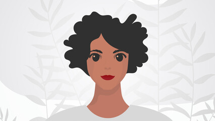 Banner with female African American appearance. Black strong girl on, front view. Vector.