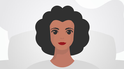 Banner with female African American appearance. Black strong girl on, front view. Cartoon style.