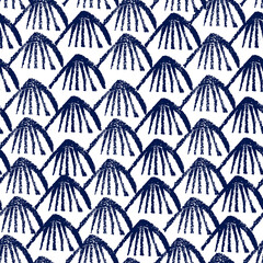 Blue mountains landscape seamless pattern in japanese style. Hand drawn stamp geometric ornament