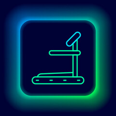 Glowing neon line Treadmill machine icon isolated on black background. Colorful outline concept. Vector