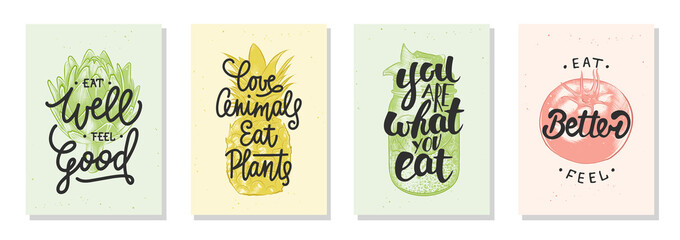 Set of 4 advertising and inspirational healthy food and eating lettering posters, decoration, prints, packaging design. Hand drawn  vector typography with sketches. Handwritten mono line calligraphy. - obrazy, fototapety, plakaty