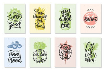 Set of 8 advertising and inspirational healthy food and eating lettering posters, decoration, prints, packaging design. Hand drawn  vector typography with sketches. Handwritten calligraphy. - obrazy, fototapety, plakaty