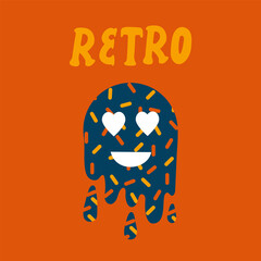 A postcard with an abstract retro cartoon character. The illustration is cute with a smiley texture for a retro poster. Vector illustration
