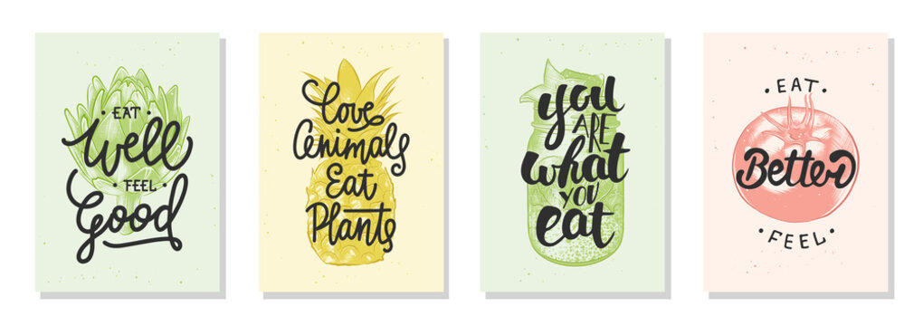 Set of 4 advertising and inspirational healthy food and eating lettering posters, decoration, prints, packaging design. Hand drawn  vector typography with sketches. Handwritten mono line calligraphy.