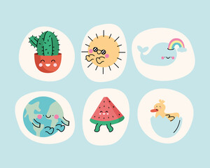 six cute kawaii characters