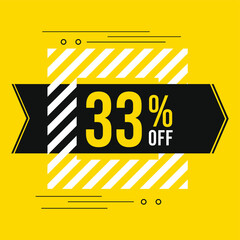 33% off sale. Discount price. Discounted special offer announcement. Black, yellow and white color conceptual banner for promotions and offers with 33 percent off.