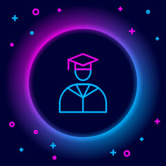 Glowing neon line Graduate and graduation cap icon isolated on black background. Colorful outline concept. Vector