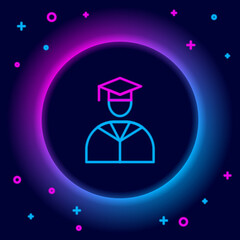 Glowing neon line Graduate and graduation cap icon isolated on black background. Colorful outline concept. Vector