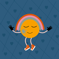 Postcard retro cartoon smiley face. Illustration of Abstract retro Doodle sticker. Vector illustration