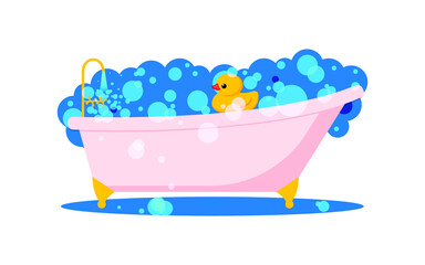 Naklejka premium Yellow cute rubber duck swims in a pink bubble bath. Bathing and washing with toys. Vector.
