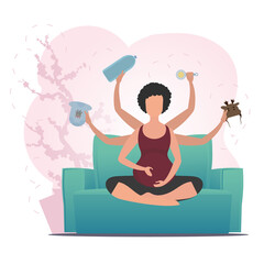 Pregnant girl in the lotus position. Yoga poses in the butterfly or lotus position. Cartoon style.