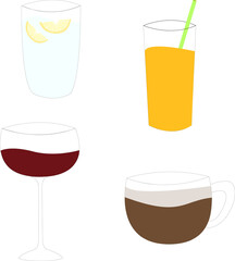 Water with lemons, orange juice, wine and coffee