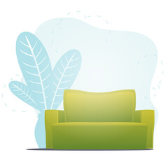 Empty sofa and houseplant. Background with space for your character. Cartoon style.