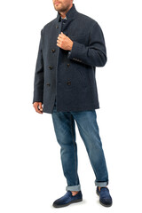 a man in a short demi-season coat and jeans on a white background, full-length front view